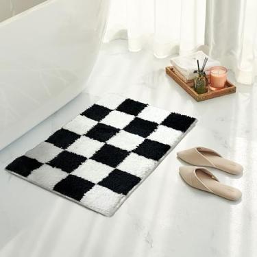 Imagem de Tititex Tapete de banheiro quadriculado preto e branco, 40,6 cm x 61 cm clássico quadriculado tapete de banho de microfibra extra macio e absorvente, tapete de banho felpudo antiderrapante para chão