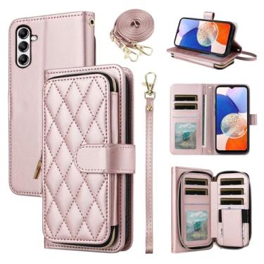 Imagem de Furiet Argyle Capa carteira para Samsung Galaxy S24 FE 5G com alça de pulso, 9 + compartimentos para cartões, bolsa com zíper, capa de celular quadriculada de couro PU para S 24 EF S24FE 24S ouro rosa