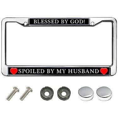 Imagem de Moldura de placa de licença de metal com versículos da Bíblia cromada para mãe cristã presentes cromada moldura de placa de licença Blessed by God Spoiled by My Husband