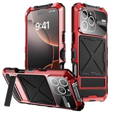 Imagem de Simicoo Compatível com iPhone 16 Pro Max Metal Bumper Militar Capa de Silicone Resistente Armadura de Metal Defender com Suporte Integrado Gorilla Glass Capa Completa à Prova de Poeira (Vermelho)