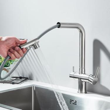 Imagem de Torneira de cozinha retrátil com filtro, torneira purificadora de latão preto, rotação de 360 graus, torneira de água potável, misturador de pia, níquel escovado