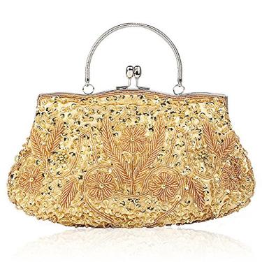 Imagem de SSMY Bolsa clutch grande com flores de lantejoulas e contas, Ouro, One Size