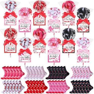 Imagem de Blosssound 24 conjuntos de meias de dia dos namorados, presentes para mulheres, faça-você-mesmo, meias de pirulito, rosa, corações vermelhos, meias com cartões, etiquetas, sacolas plásticas para troca