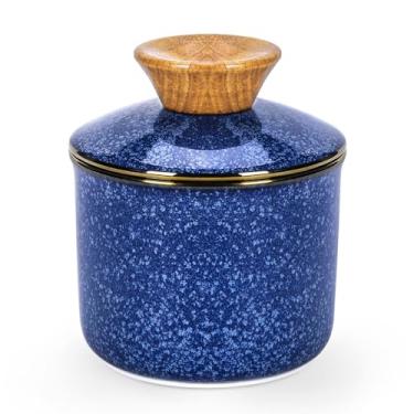 Imagem de DOWAN pote de manteiga francesa, manteigueira de cerâmica com tampa para bancada, recipiente de manteiga para geladeira, guardião de manteiga com linha d'água, manteigueira e espalhador flip