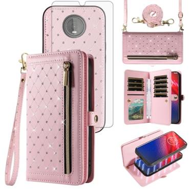 Imagem de Capa de celular para Moto Z4/Moto Z 4 Play/MotoZ4 Force Zipper carteira destacável com protetor de tela alça transversal Bling Flip suporte para cartão de crédito Motorola 4Z Motoz4Play Motoz4Play