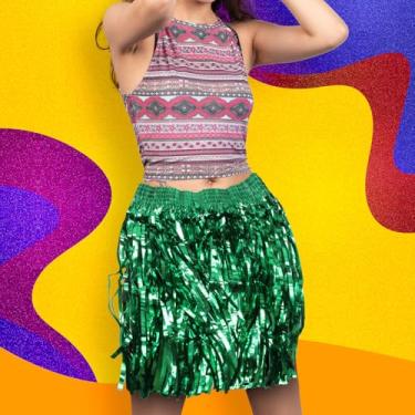 Imagem de Saia Havaiana De Fitinha Franja Carnaval e Bloquinho Metalizada 40cm Silver Festas (Verde)