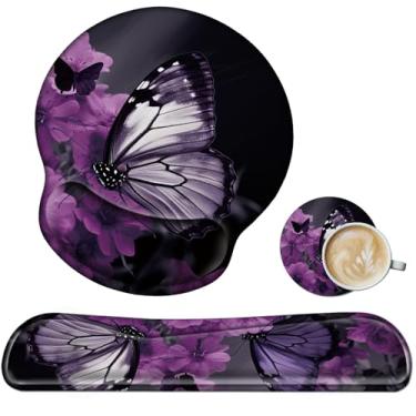 Imagem de Conjunto de descanso de pulso para teclado e mouse, feito de espuma viscoelástica com base de borracha antiderrapante, descanso de pulso ergonômico em gel para teclado de computador, jogos, escritório, com porta-copos de borboleta roxa