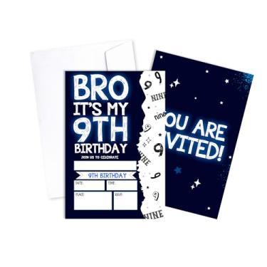 Imagem de OZTEMETY 9th Bro You're Invited Cards Cartões de convites de aniversário para meninos, 20 cartões de convite de festa com envelopes, convites de estilo luz neon dupla face para meninos, decorações de