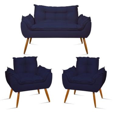 Imagem de KIT Sofá Namoradeira Opala + 2 Poltronas Opala Balaqui Decor Azul Marinho