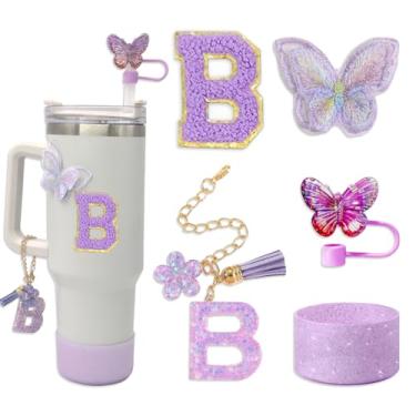 Imagem de Conjunto de acessórios Stanley Cup para Tumbler Stanley, incluindo capa de canudo de borboleta de 10 mm, pingentes de letras de copo, bota de silicone brilhante, adesivo de letras e adesivo bordado de