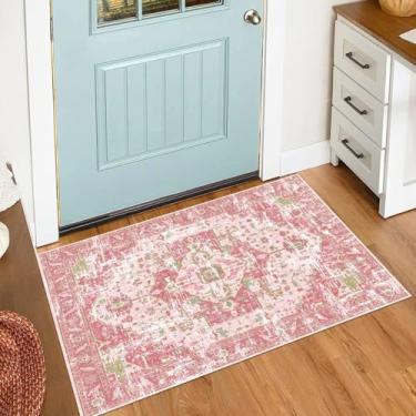 Imagem de Tapete de entrada Boho Vintage Lavável Neutro Moderno Hop Rosa Verde 2x3 Antiderrapante Pequeno Tapete para Corredor, Banheiro, Porta da Frente