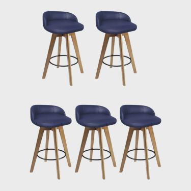 Imagem de Kit 05 Banqueta Alta Com Encosto Berlim Base Giratória Madeira Sintético Azul Marinho - Ahz Móveis