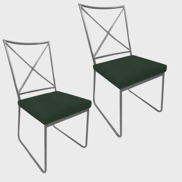 Imagem de Kit 02 Cadeiras Sala de Jantar Escritório Office Clark Industrial Ferro Prata Suede Verde Musgo - Ahz Móveis