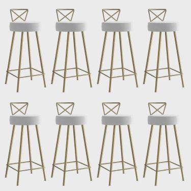 Imagem de Kit 08 Banqueta Alta Com Encosto Tânia Eiffel Cozinha Bar Bistrô Ferro Dourado Corino Branco - Ahz Móveis