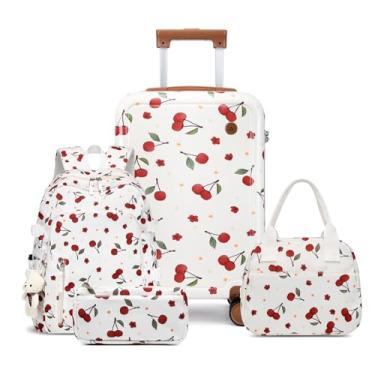 Imagem de Somago Conjunto de 4 peças de bagagem infantil com mochila para meninos e meninas Spinner 45,7 cm de policarbonato rígido com trava TSA, Branco cereja, 4-Piece Set(BP/18inch), Mala de mão com rodas