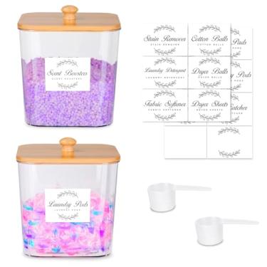 Imagem de efluky Conjunto de 2 recipientes para lavanderia e suporte de lençol para secador, recipientes transparentes para organização de lavanderia com tampas e etiquetas de bambu, suporte de cápsulas de