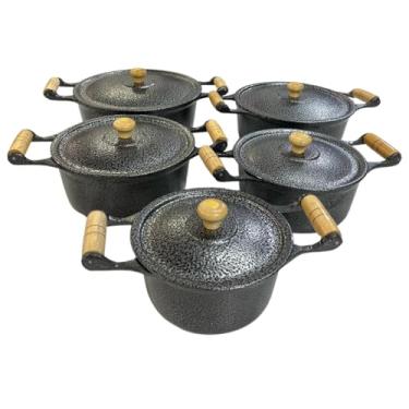 Imagem de Jogo de Panelas Preta em Alumínio Batido Fundido 5 Peças Craquelada Grossa com Tampa de Alumínio