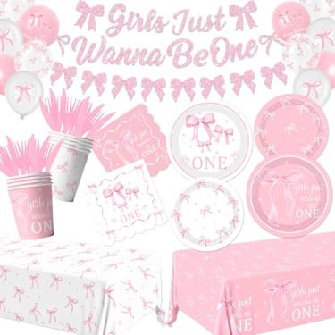 Imagem de Pymurod Decorações De 1º Aniversário Com Laço Rosa Para 25 Pessoas, Primeiro Coquette Meninas Just Wanna Be One, Pratos, Guardanapos, Copos, Toalhas Mesa, Faixas, Balões Decoração Festa Bebês