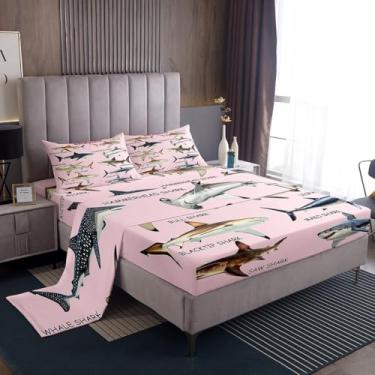Imagem de Erosebridal Jogo de lençol solteiro, com tema de tubarão, vida marinha selvagem, moderno, simples, rosa, para decoração de quarto de verão, tema de pesca e caça, com 1 fronha