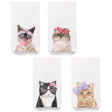 Imagem de Yomisex Adorável conjunto de 4 toalhas de cozinha para gatos, coquette Bow siamese persa smoking laranja gato malhado toalhas de mão decorativas para banheiro infantil, toalhas de chá de prato de gato