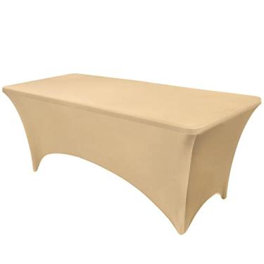 Imagem de OutdoorLines Toalha de mesa justa bege para mesa retangular de 1,5 m – Capa de cama de massagem de elastano elástico para festa, casamento, aniversário, banquete, fornecedor