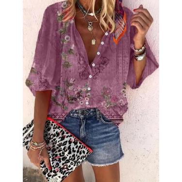 Imagem de Camisa Feminina Manga 3/4 com Estampa Geométrica Étnica - Estilo Casua