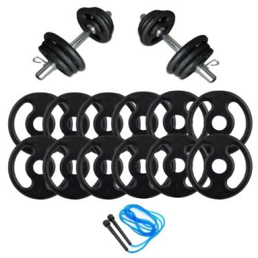 Imagem de Kit Halteres 12Kg Anilhas e Barras + Corda - Treino em Casa - SEPO
