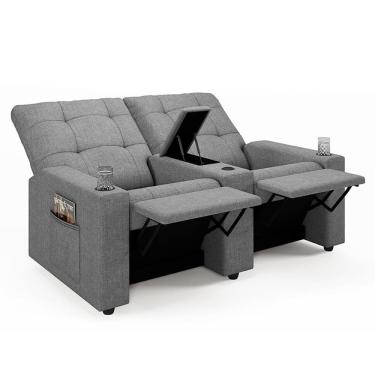 Imagem de Poltrona Do Papai Reclinável Cinema 2 Lugares Manual Baú Usb Haifa F05 Linho Cinza - Lyam Decor