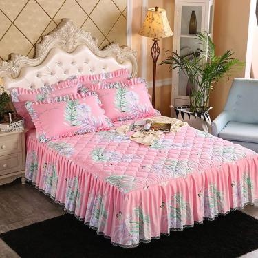Imagem de Conjunto De 3 Peças Colchas, Saia De Lençol Acolchoado Acolchoado, Colchas De Babados De Renda Lençol Fronha Flor Colcha Elástica Com Babados Casa Decorar Capa De Colchão Rou, B, 150 * 200cm