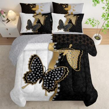 Imagem de AILONEN Jogo de edredom casal com borboleta, cama macia de 7 peças, preto e branco, lençol de cima, 2 fronhas, 2 fronhas para quarto