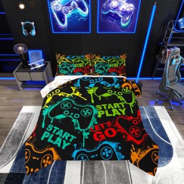 Imagem de Jogo de cama neon gamepad para decoração de quarto de meninos, conjunto de edredom de videogame para presentes de jogadores, consoles coloridos de jogadores infantis, edredom de plumas, hippie