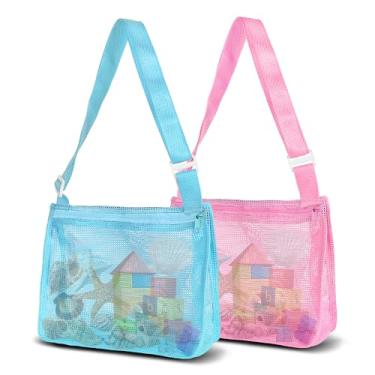 Imagem de VOROLO Bolsa de praia de malha para guardar brinquedos, bolsa de toalhas de areia para crianças, 2 peças - azul puro + rosa puro, 2PCS, Criança