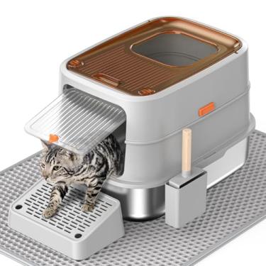 Imagem de HTii-ë® Caixa de areia para gatos de aço inoxidável, caixa de areia extra grande para gatos, caixa de areia de gatinho de metal fechada com colher de areia, à prova de odor de urina, não pegajosa,