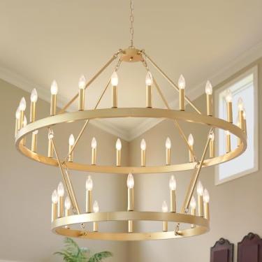 Imagem de HHR Lustre De 48" Com Rodas De Carroça Douradas, 2 Níveis, Lustre Grande De Fazenda Com 36 Lâmpadas Para Tetos Altos, Luminária Pendente Rústica Redonda Para Hall De Entrada, Sala De Jantar, E12