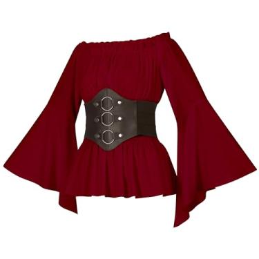 Imagem de Camisa feminina renascentista medieval camponesa rodada manga comprida fantasia pirata top com cinto espartilho