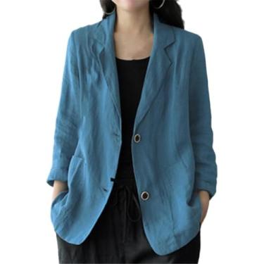 Imagem de Outono Ol Terno Blazers, Casual Lapela Sólida Jaquetas Finas, Mulheres De Manga Longa Algodão Linho Casacos Outwear, Blue, 4XL