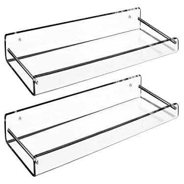 Imagem de Prateleiras flutuantes de acrílico AMT, pacote com 2 unidades, 38 cm C x 12 cm L, prateleira de parede transparente para banheiro, estantes, visor invisível para escritório, quarto, espaços pequenos permitem que a água escapar, parafusos e broca grátis (médio)