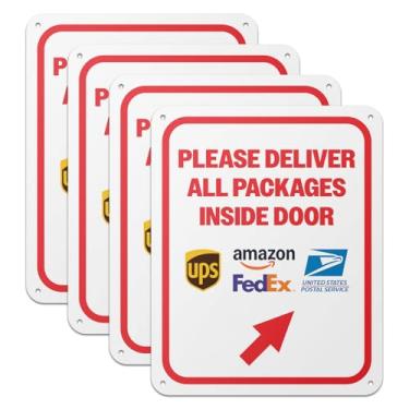 Imagem de 101SIGNCITY - 20 x 25 cm, 4 unidades, placa de entrega de embalagem de alumínio - Por favor, entregue todos os pacotes dentro da placa da porta com película protetora para uso ao ar livre