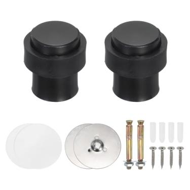 Imagem de PATIKIL 2 conjuntos de batentes de porta redondos, 46 mm batente de porta de aço inoxidável cunha cilindro de metal autoadesivo com parafuso para parte inferior do piso da porta interna, preto