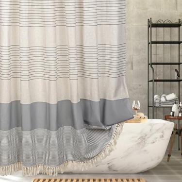 Imagem de SHENGJUN Cortina de chuveiro cinza Boho Farmhouse linho listrado textura tecido impermeável com borlas ganchos de plástico incluídos 183 x 182 cm