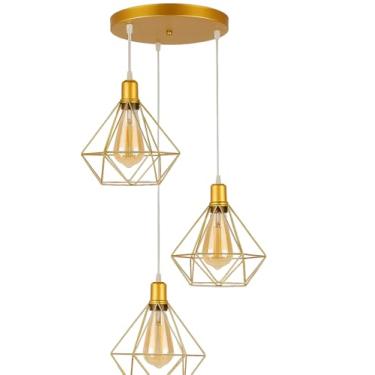 Imagem de Luminária Pendente Triplo Diamante, Aramado Geométrico, Base Dourada, Estilo Pirâmide