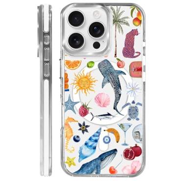 Imagem de CARLOCA Capa magnética para iPhone 15 Pro, tartarugas marinhas de verão, conchas de baleia compatível com carregamento sem fio MagSafe, capa protetora à prova de choque, branco transparente