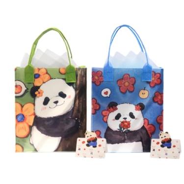 Imagem de VIWATIN Pacote com 2 sacos de presente de feltro com estampa de panda - Saco de compras reutilizável ecológico com alça, papel de seda e cartão, bolsa de compras leve multiuso média para viagem