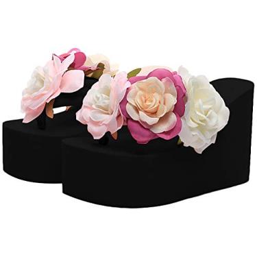 Imagem de QZUnique sandália feminina salto alto plataforma anabela chinelos moda chinelo tanga verão, Black With Flowers, 7-7.5 Wide