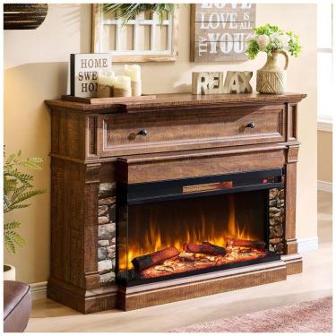 Imagem de Lareira Elétrica OKD 132,08 cm com Suporte, Lareira Independente Aquecedora com Vidro de 3 Lados para TVs de até 65",