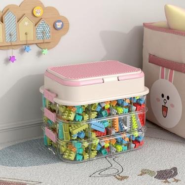 Imagem de Caixas organizadoras de brinquedos para Lego empilháveis organizadores de brinquedos Lego para armazenamento de blocos de montar (rosa, 3 camadas)