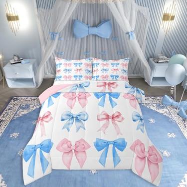 Imagem de Erosebridal Conjunto de edredom solteiro com laços arco-íris, rosa, azul, kawaii, para crianças, meninas, laço de fita aquarela, enchimento de edredom, estampa estética