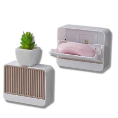 Imagem de Saboneteira de Parede Minimalista para Banheiro, Tampa com Dreno, Suporte com Ventosa (Marrom)