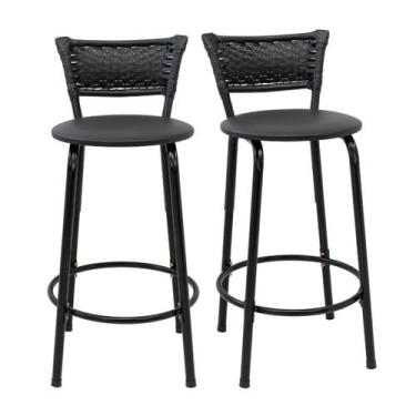 Imagem de Kit 2 Banquetas Para Bancada 60cm Preta Junco Preto Balcão Ilha Bistrô