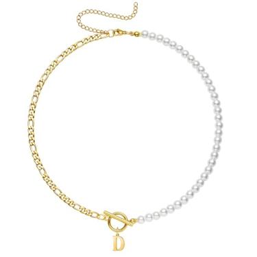 Imagem de Yanxyad Colar feminino com inicial de pérola, ouro 18K, aço inoxidável, letra A-Z, corrente fígaro, 40,6 cm + 7,6 cm, joia de presente para ela, Medium, Aço inoxidável, Sem Pedra Preciosa